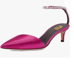 FYS Medium Violet Red Pointed Toe Kitten Heel Glitter Ankel Strap Clear Pump
